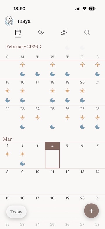 Calendar view with sun and moon icons